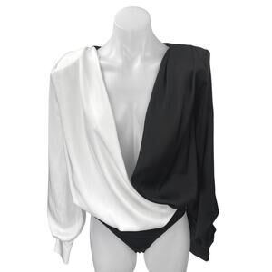 Peace + Love Black White Silk Satin Long Sleeve Plunge Colorblock Bodysuit Top 2